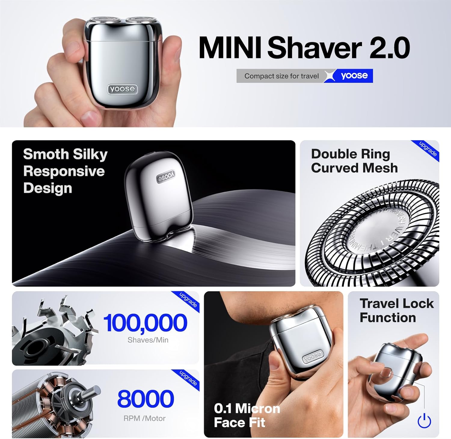 Yoose Mini Shaver On-The-Go, Portable Alloy Electric Shaver for Men, Cordless Travel Shavers, Dry Shave, USB-C Rechargeable Electric Razor, IPX7 Waterproof, Easy Cleaning, Battery Indicator, Silver