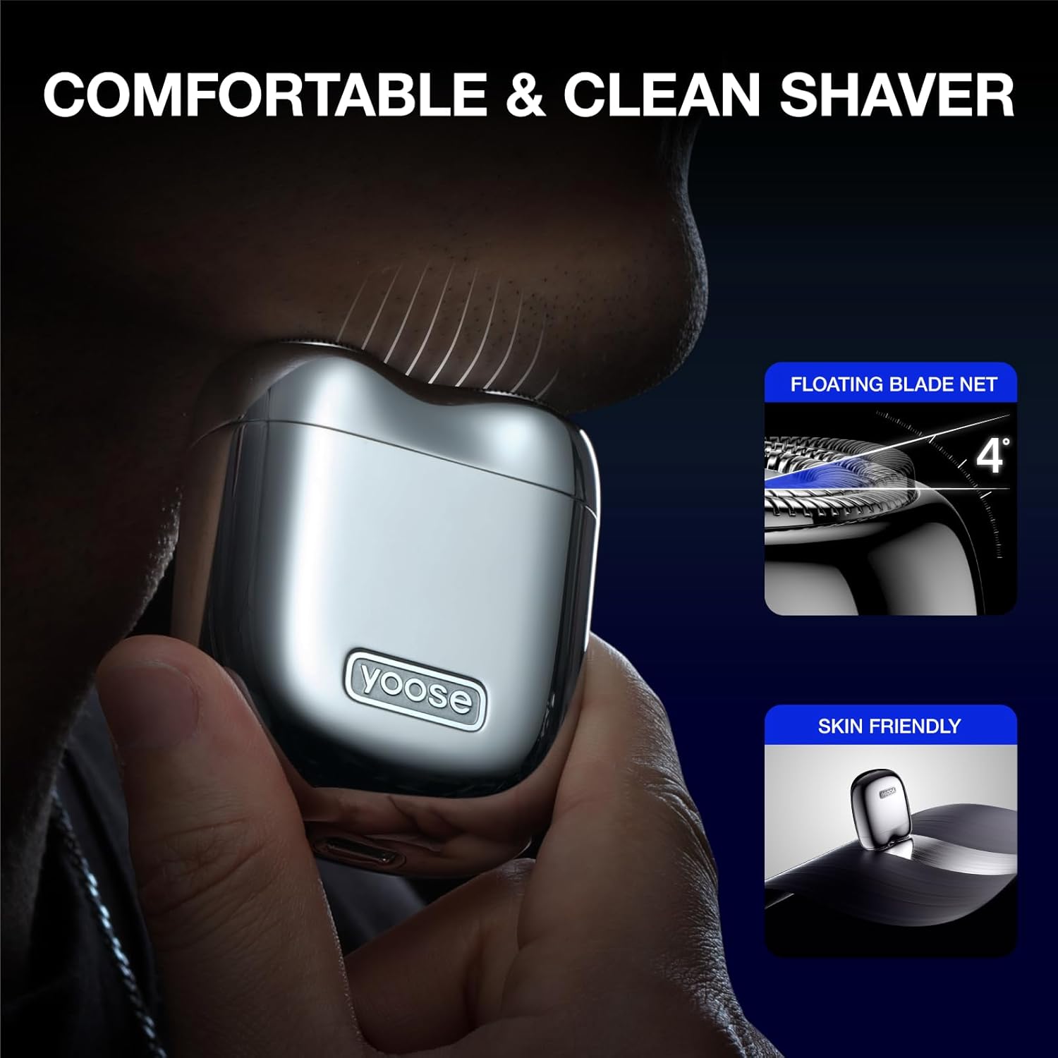 Yoose Mini Shaver On-The-Go, Portable Alloy Electric Shaver for Men, Cordless Travel Shavers, Dry Shave, USB-C Rechargeable Electric Razor, IPX7 Waterproof, Easy Cleaning, Battery Indicator, Silver