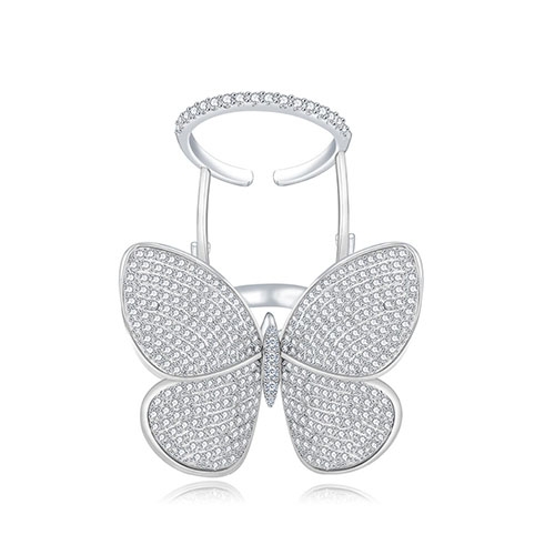 Fashion Adjustable Butterfly Shape Ring with Diamond Women Jewelry - Platinum - Size 7