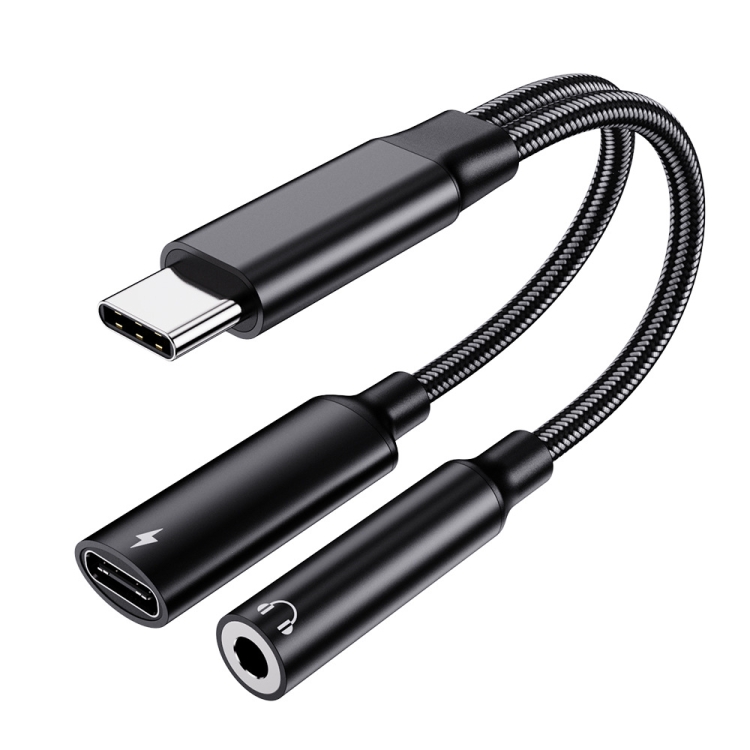 USB-C / Type-C Male To 3.5mm + Type-C Female 2 In 1 Audio Adapter Digital Aux Adapter Cable - Black