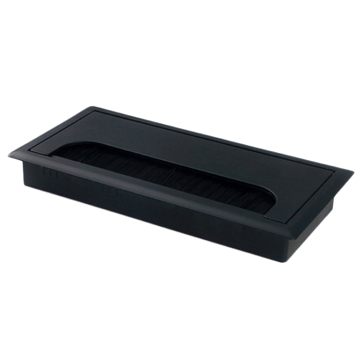 ABS Table Rectangle Wire Hole Cover Outlet Port With Brush PC Desk Cable Organizer - 80x160mm Black