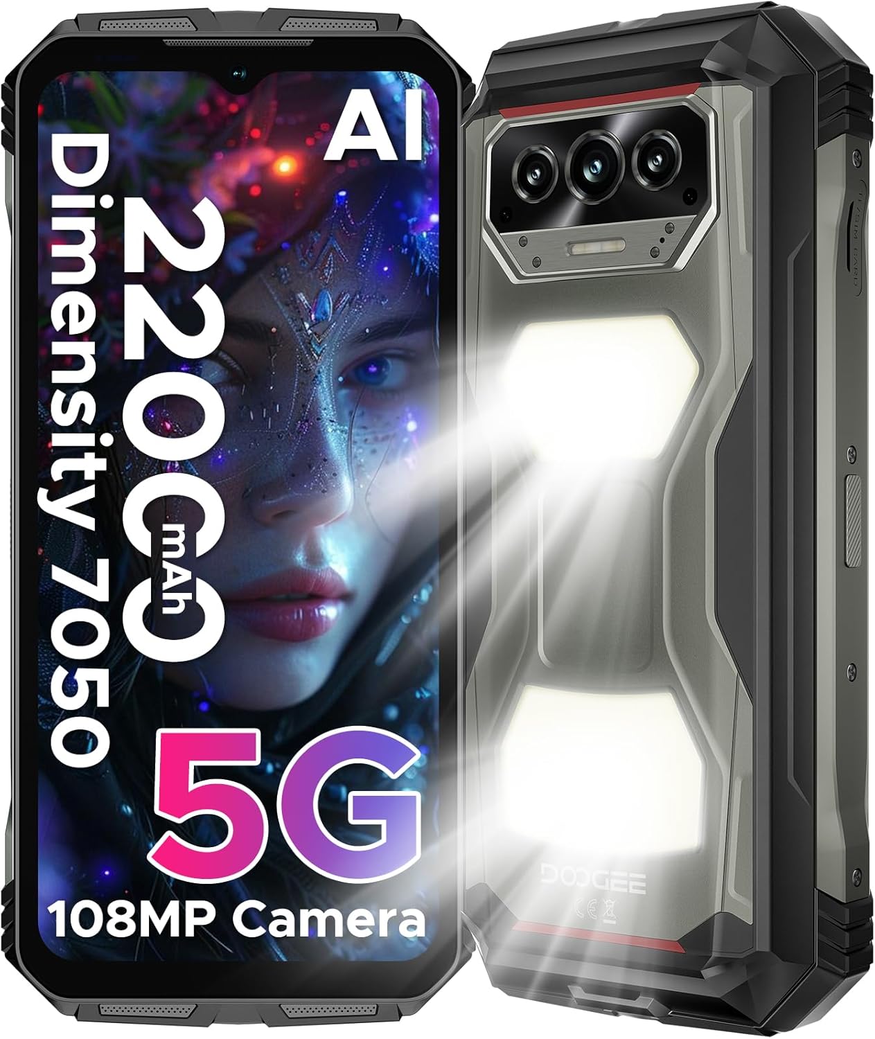 DOOGEE V Max S (2025) 5G Unlocked Rugged Phone,Dual Camping Lights,22000mAh Battery,Android 14,24GB+256GB/TF 2TB Rugged Smartphone,108MP+16MP,6.58”FHD+120Hz IPS Screen,Dual Unlock/NFC/WiFi6