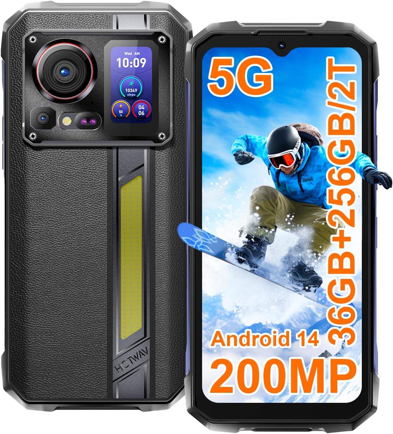 HOTWAV Hyper 7 Pro 5G Rugged Phone, 36GB + 256GB/2TB Android 14 Waterproof Phone, 6.6"FHD+ 2K Display Cell Phone, 10800mAh Battery, 200MP + 32MP Camera, Octa Core, Dual Sim, NFC, OTG, 120Hz, 33W, GPS