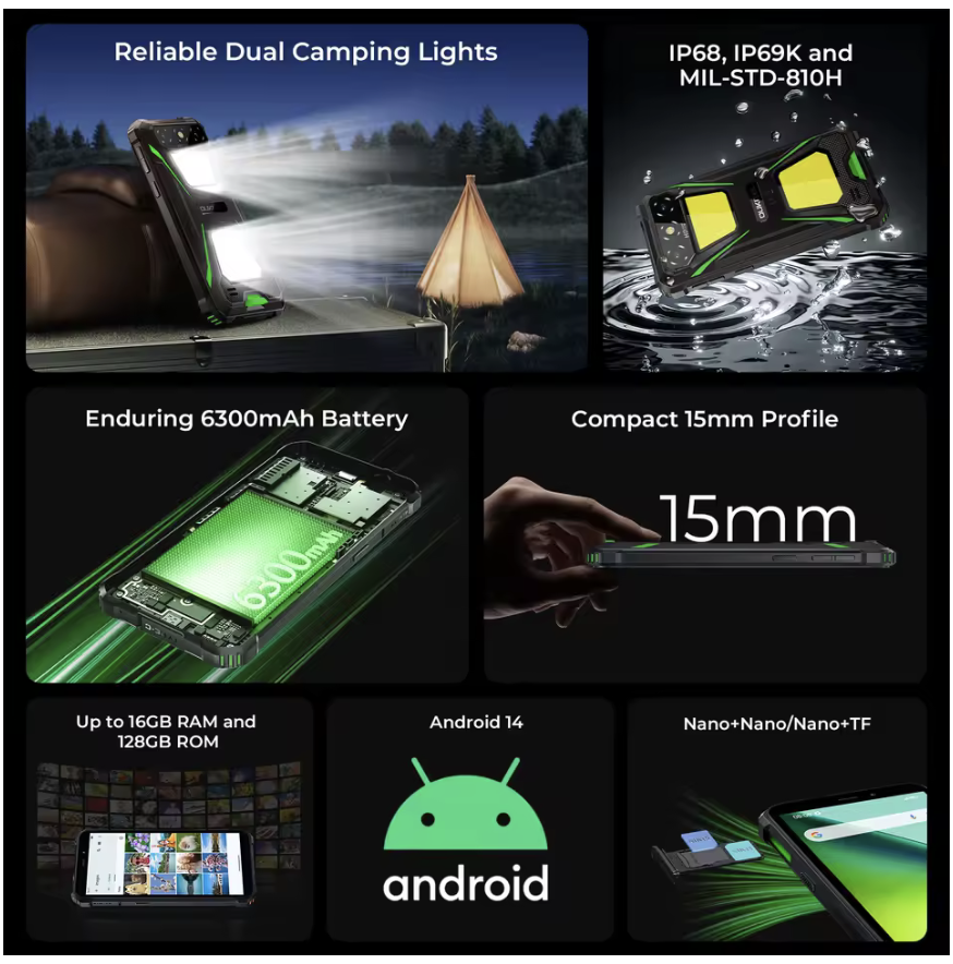 Oukitel G5 Rugged Smartphone Dual Camping Lights 16GB(4+12) +128GB 6300mAh 5MP 13MP 6" HD Cell Phone