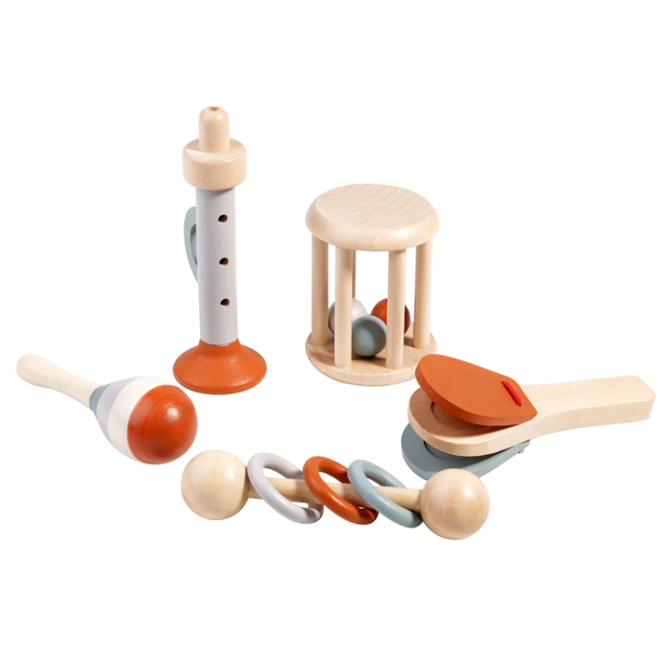 Wooden Baby Hand Grip Bells Rattles Musical Instruments Toddler Early Learning Pacifying Bed Bells Toys - 5 Pcs/Set