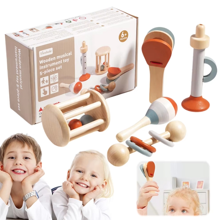 Wooden Baby Hand Grip Bells Rattles Musical Instruments Toddler Early Learning Pacifying Bed Bells Toys - 5 Pcs/Set