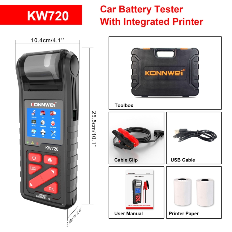 KONNWEI KW720 Car 3.2 inch 6V-24V Lead-acid Battery Tester with Printer