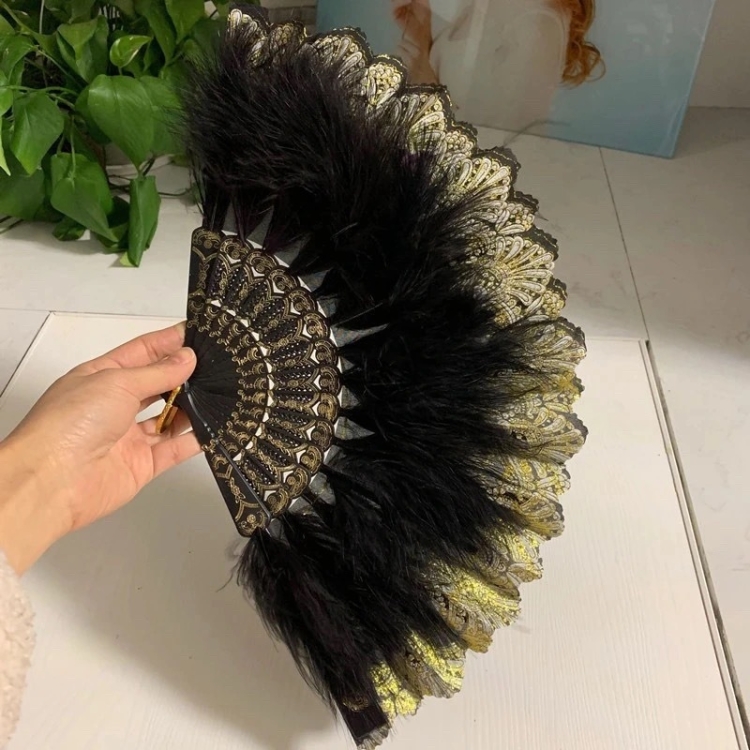 Vintage Style Flapper Hand Fan Embroidered Flower Marabou Feather Fan - Black