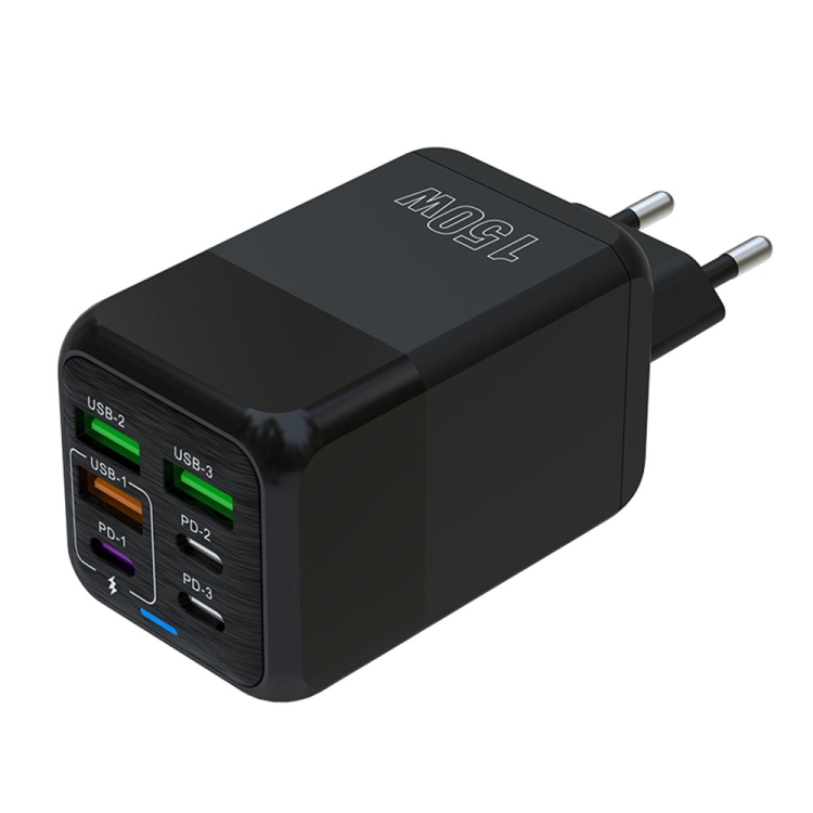150W 3 x USB + 3 x USB-C / Type-C Multi-port Fast Charger - Black - UK Plug